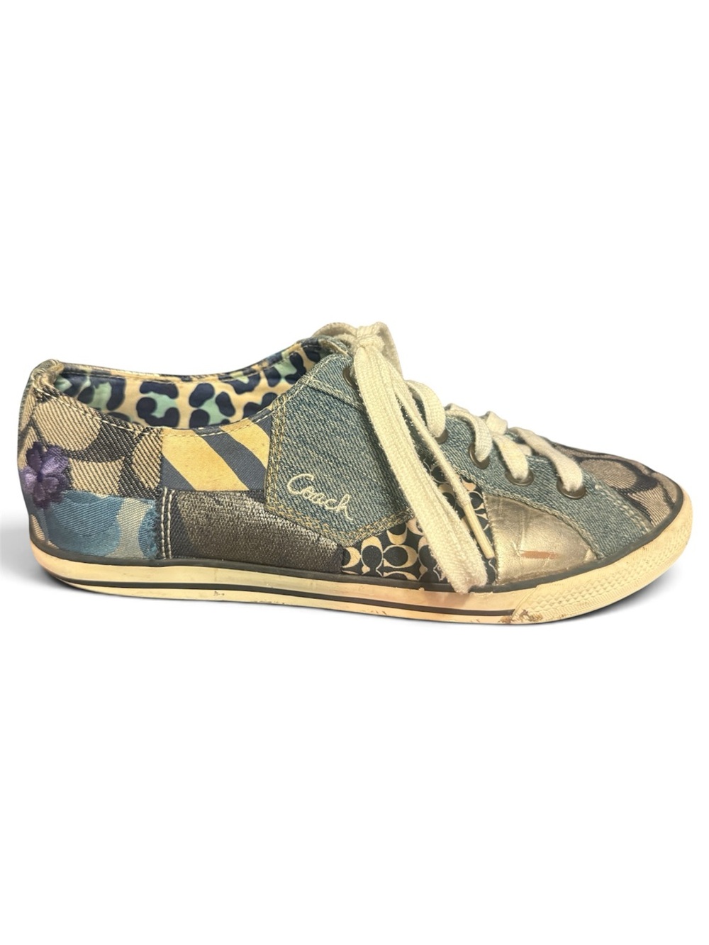 Coach Tonya Patchwork Sneakers 7.5 Denim Signature C Floral Leopard Low Top